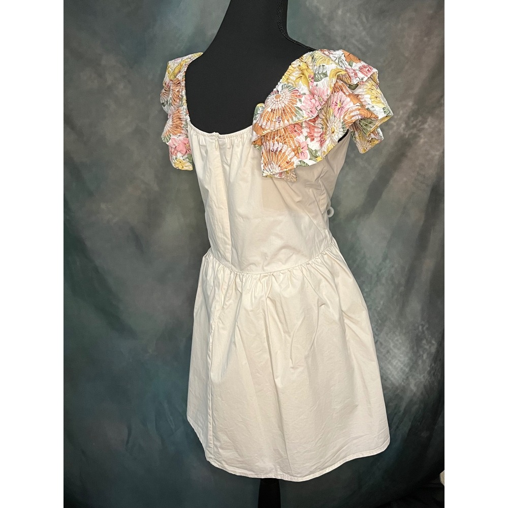 BiBi Floral Ruffle‎ Sleeve Mini Dress, Square Neck Sleeveless A-Line Tan Size Lg - Picture 5 of 10